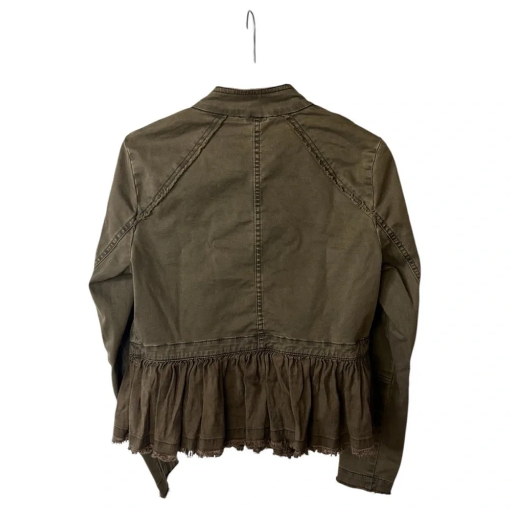 Free People | Women’s Olive Green Ruffle Hem Utility Jacket Button Accents Sz XS